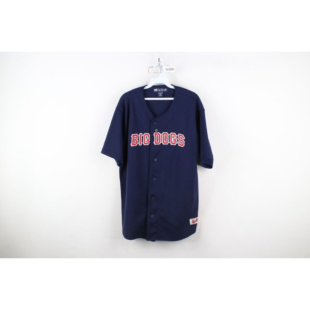 Vintage 90s Big Dogs Mens Large Spell Out Short Sleeve Baseball Jersey Blue USA